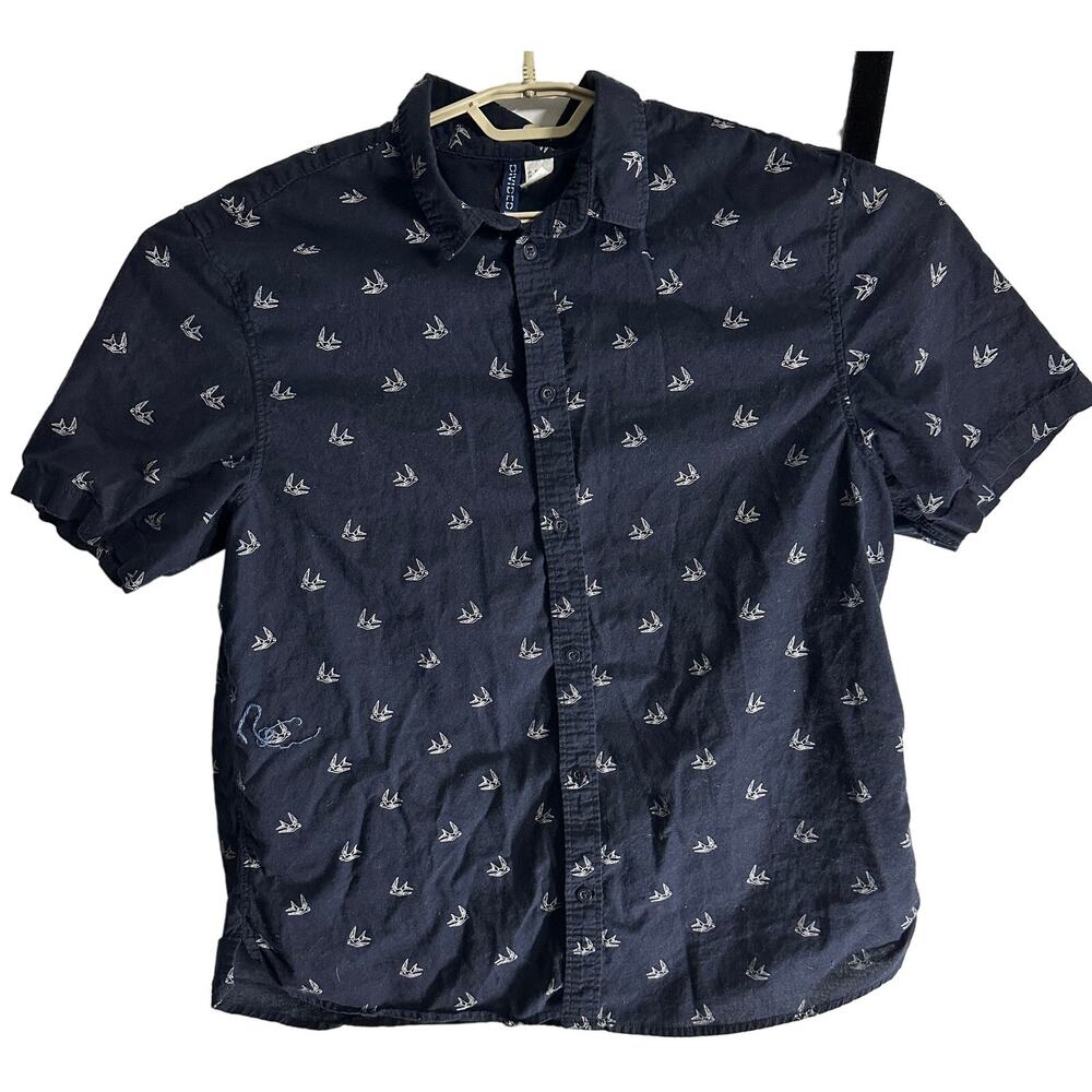 HM Shirt Mens XL Blue White All Over Bird Short Sleeves Button Up 100% Cotton